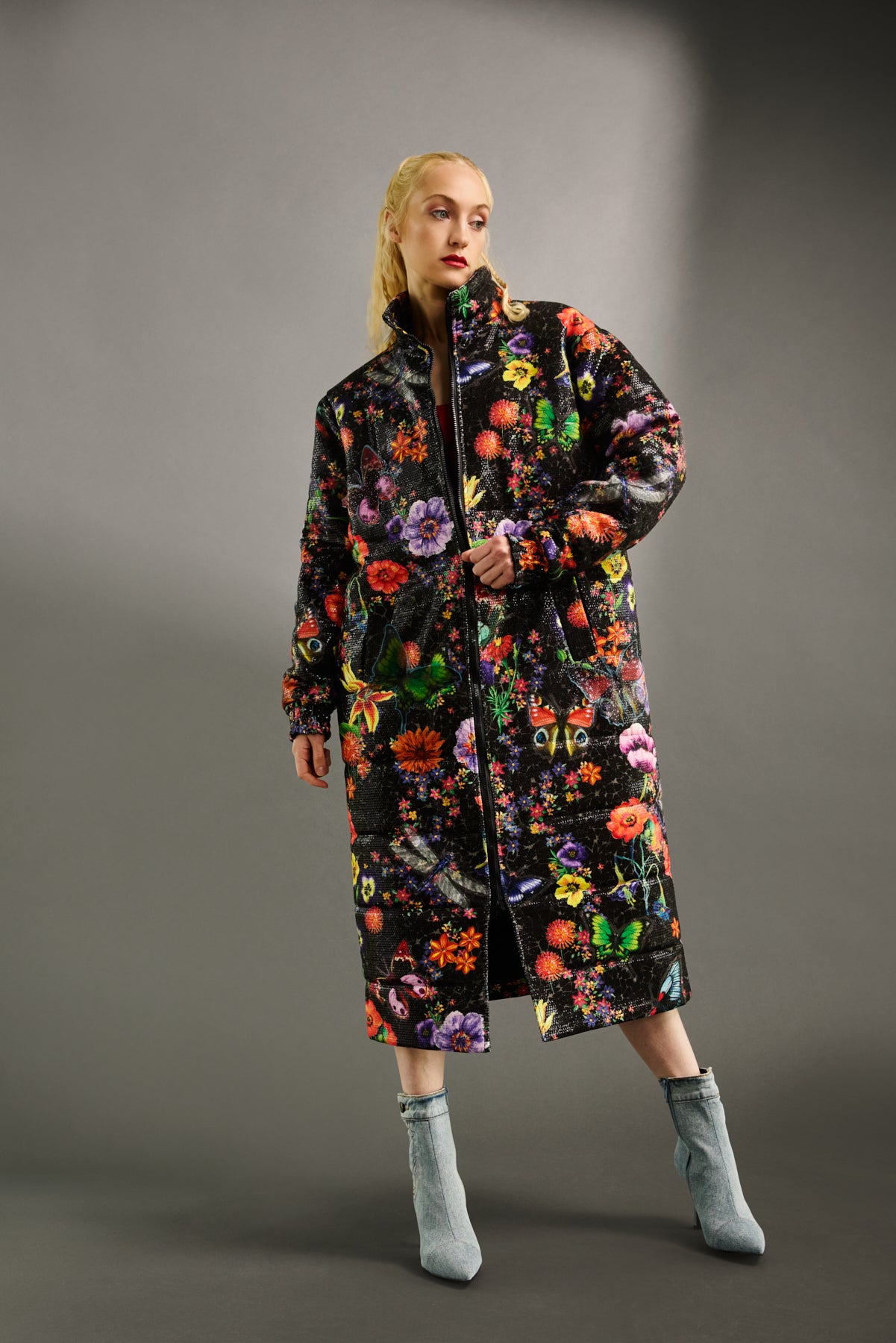 SS25 LONG PRINTED PUFFER - FLORAL & BUTTERFLIES PRINTED SEQUINS TEXTILE