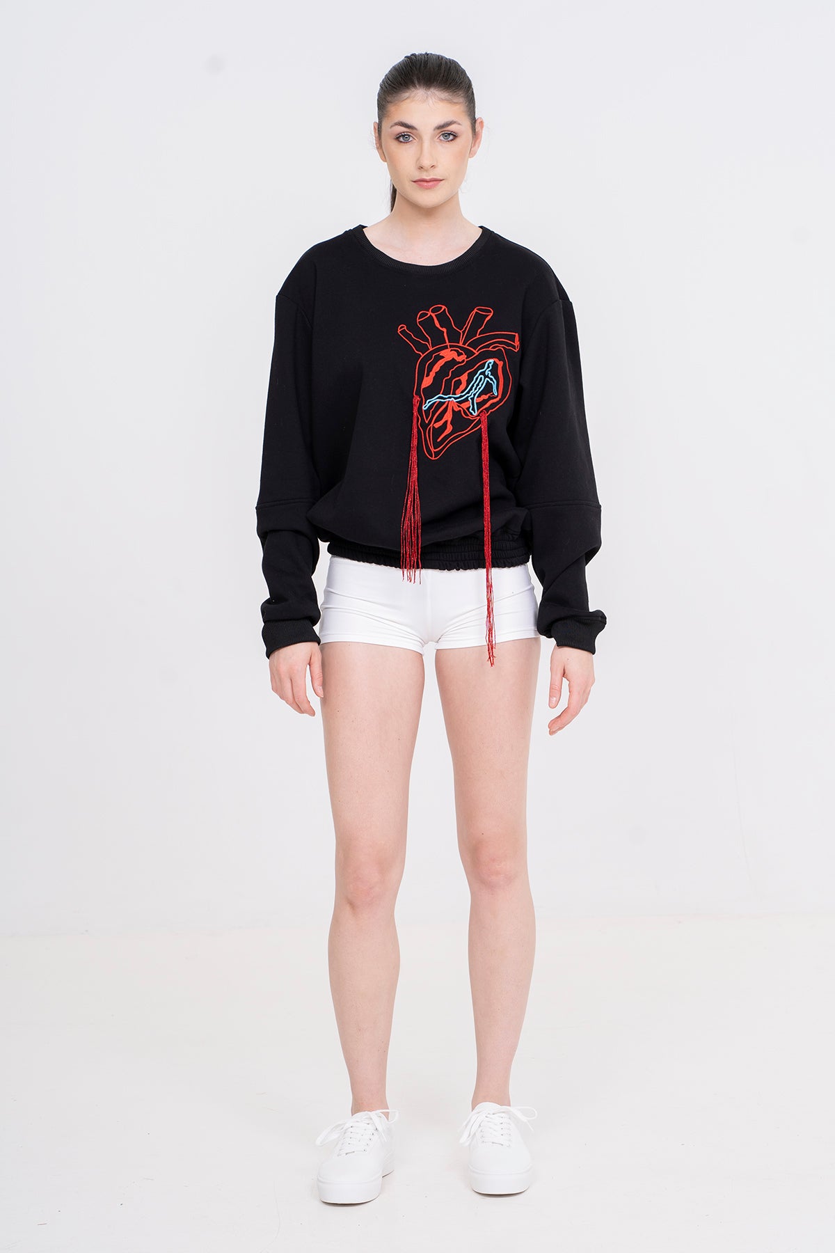 Oversized Heart embroidered Crewneck in Black - Oscar Mendoza