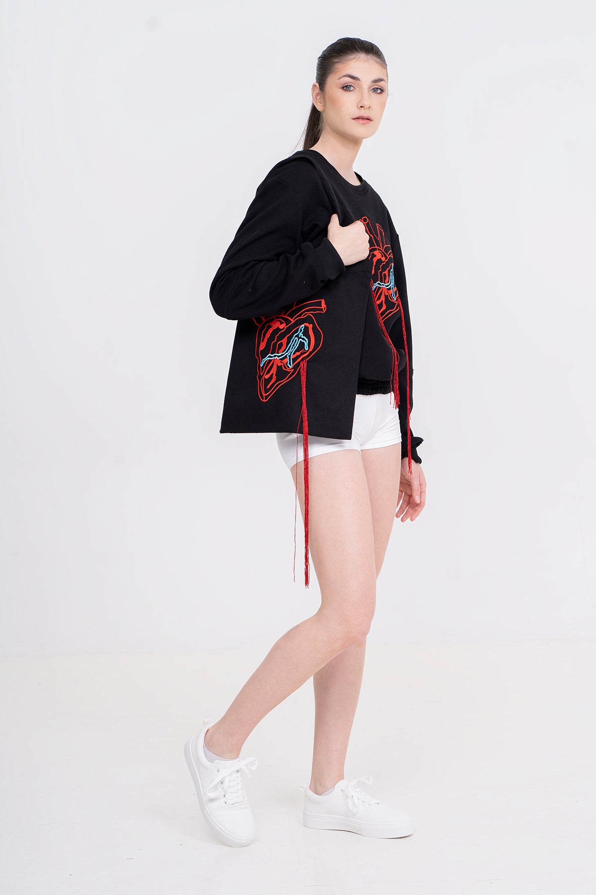 Oversized Heart embroidered Crewneck in Black - Oscar Mendoza