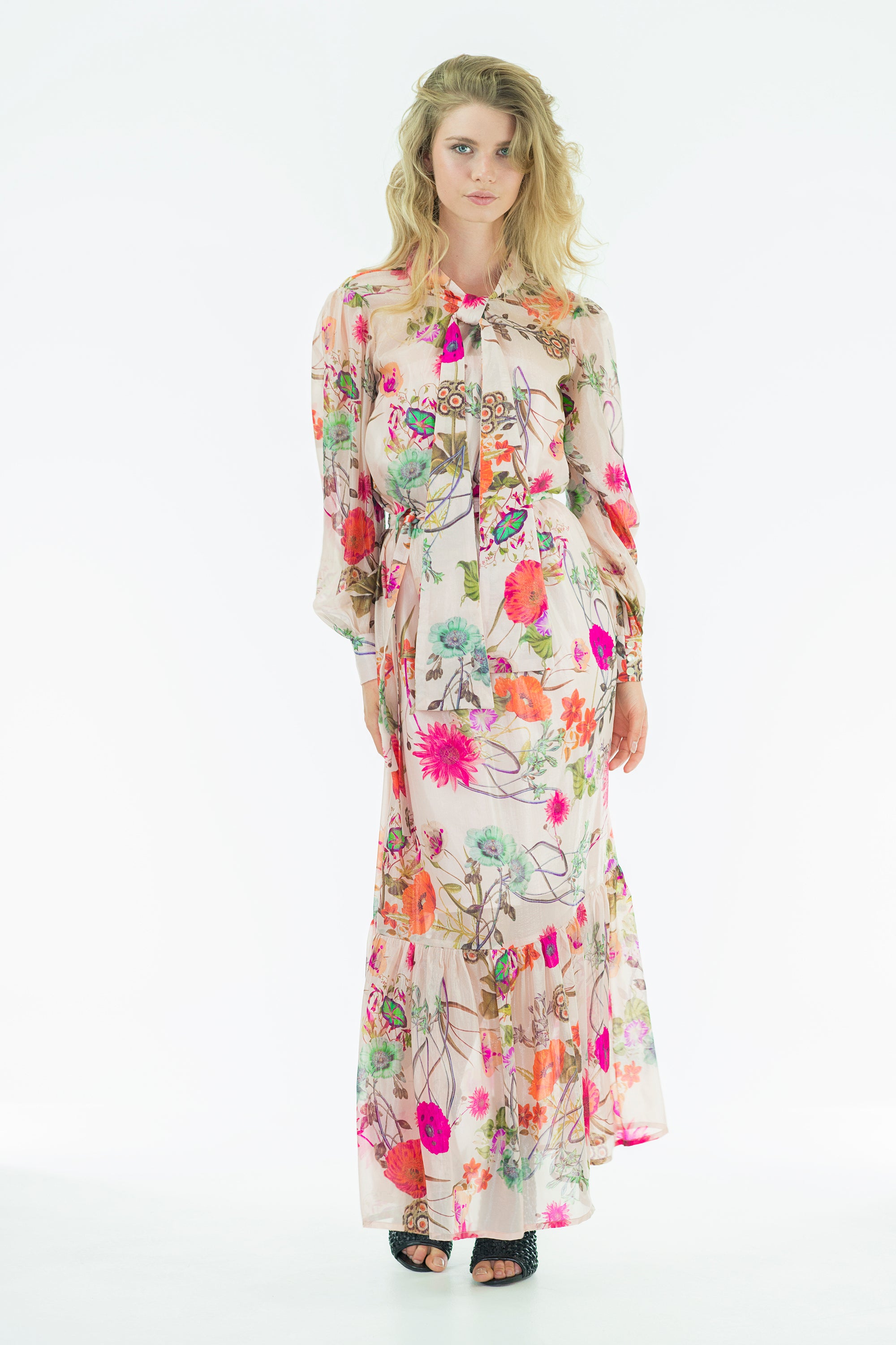 Tara Dress - Silk Lamé Chiffon Maxi Dress - Oscar Mendoza