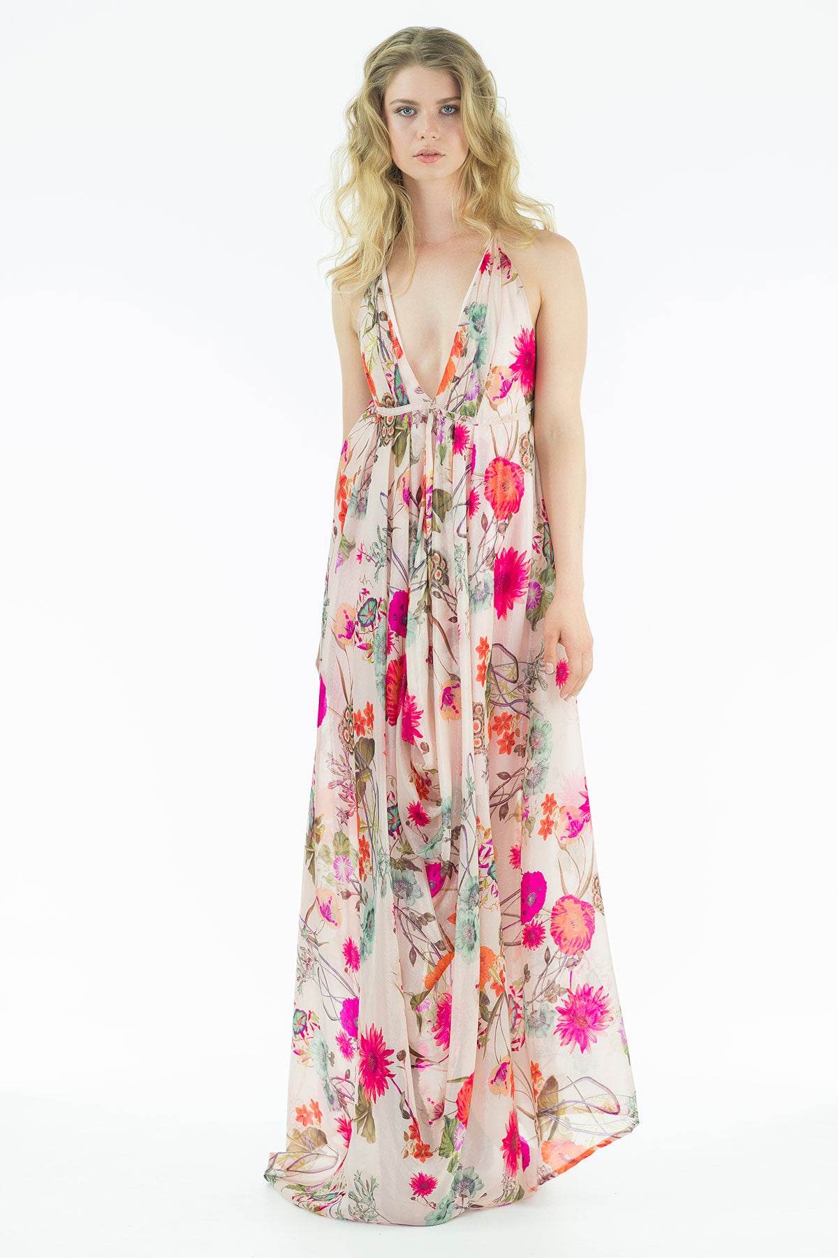 Sonny - Silk Lamé Halter Maxi Dress  - Floral Print - Oscar Mendoza