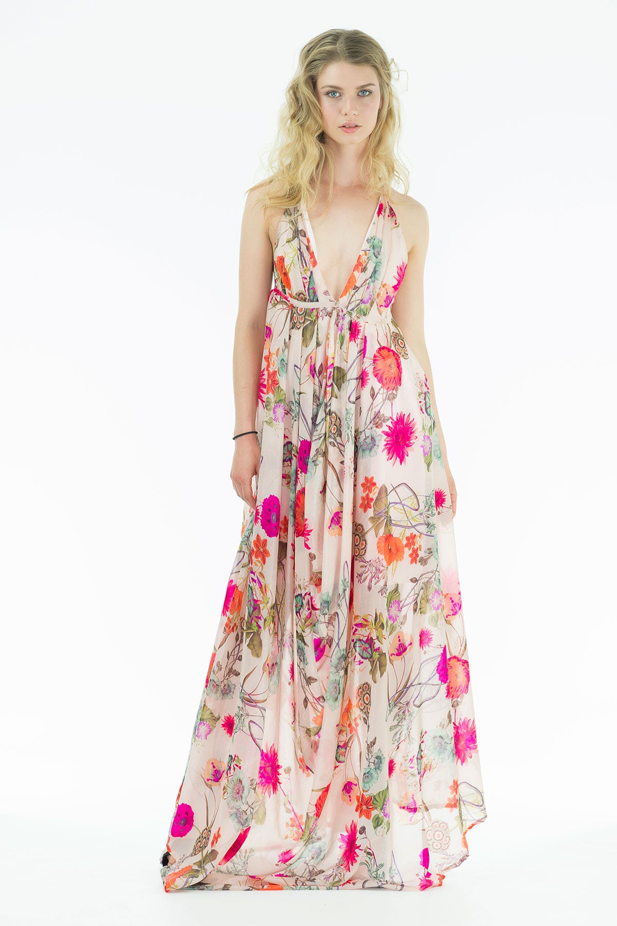 Sonny - Silk Lamé Halter Maxi Dress  - Floral Print - Oscar Mendoza