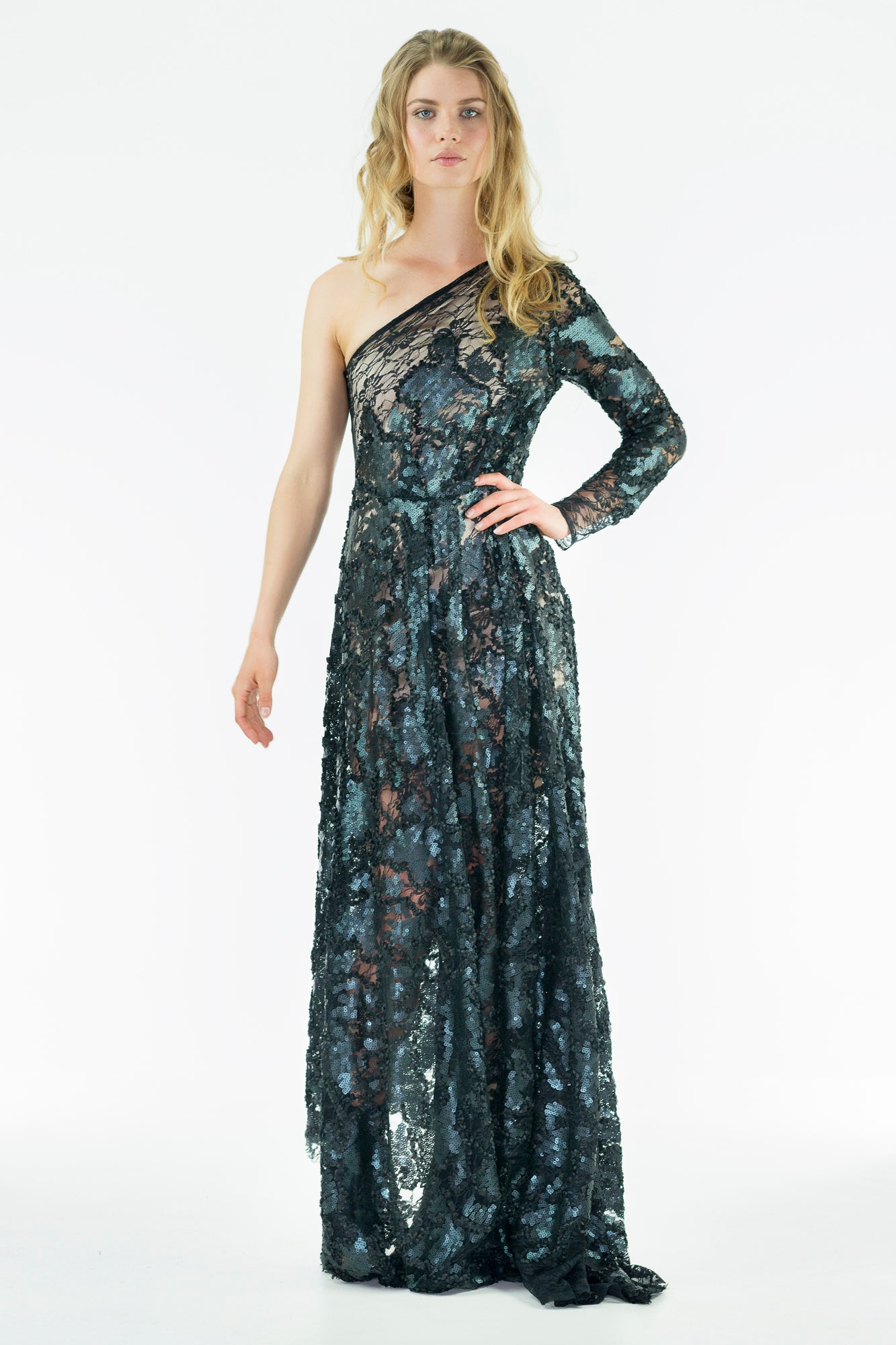 ELANNA - Off Shoulder Sequins and Lace Asymmetrical Gown - Oscar Mendoza