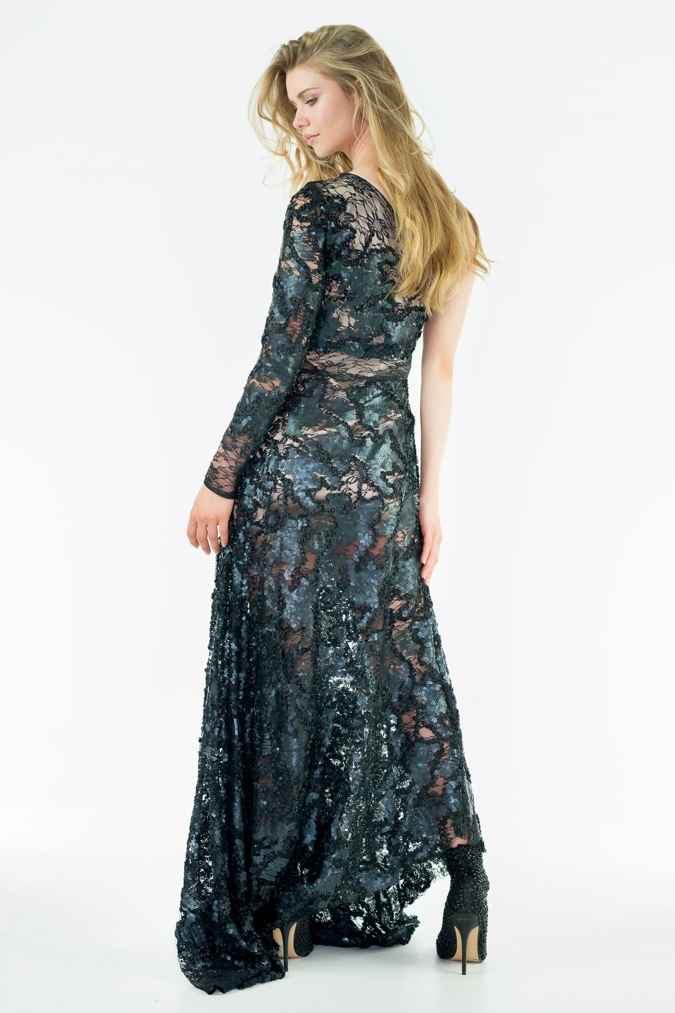 ELANNA - Off Shoulder Sequins and Lace Asymmetrical Gown - Oscar Mendoza