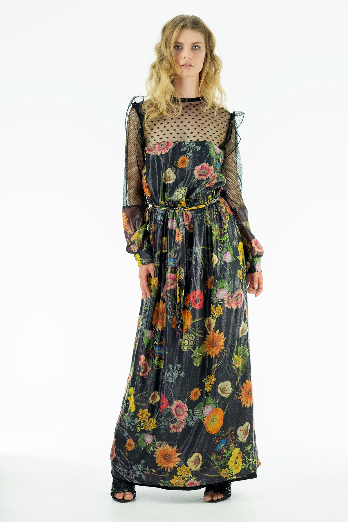 Tara Black - Silk Lamé Chiffon Dress Black Florals - Oscar Mendoza