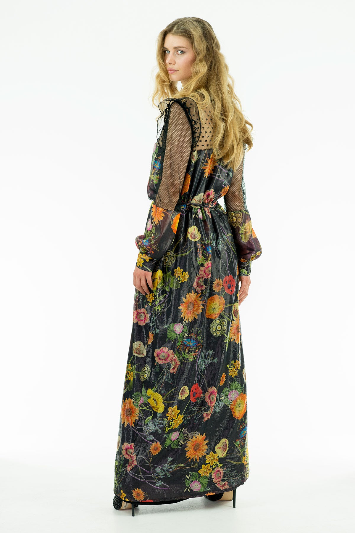 Tara Black - Silk Lamé Chiffon Dress Black Florals - Oscar Mendoza